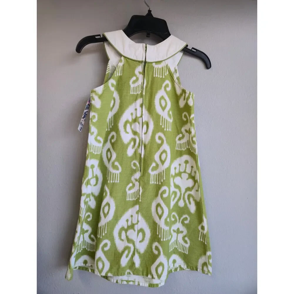 Gymboree Girls Green White Ikat Bejeweled Collar‎ Sleeveless Dress Size 8 2010=0